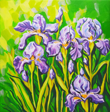 Картина под названием "Irises art flowers…" - Nadezhda Kokorina, Подлинное произведение искусства, Акрил
