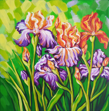 Картина под названием "Orang Irises art fl…" - Nadezhda Kokorina, Подлинное произведение искусства, Акрил
