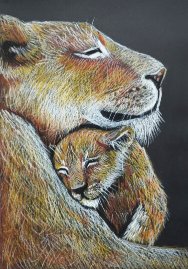 Dibujo titulada "Mother's love Lione…" por Nadezhda Kokorina, Obra de arte original, Pastel