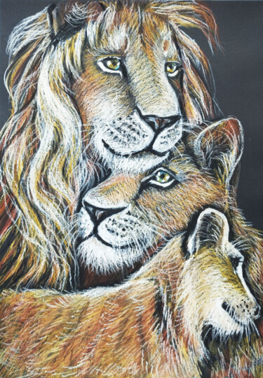 Drawing titled "The family of Lions…" by Nadezhda Kokorina, Original Artwork, Pastel