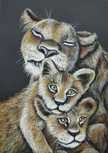 Drawing titled "Lioness and Cubs Oi…" by Nadezhda Kokorina, Original Artwork, Pastel