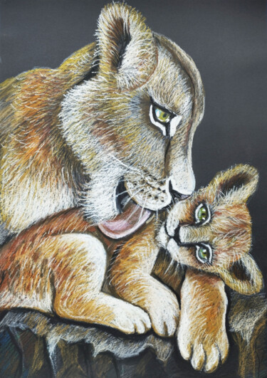 Dessin intitulée "Mom's warmth Liones…" par Nadezhda Kokorina, Œuvre d'art originale, Pastel