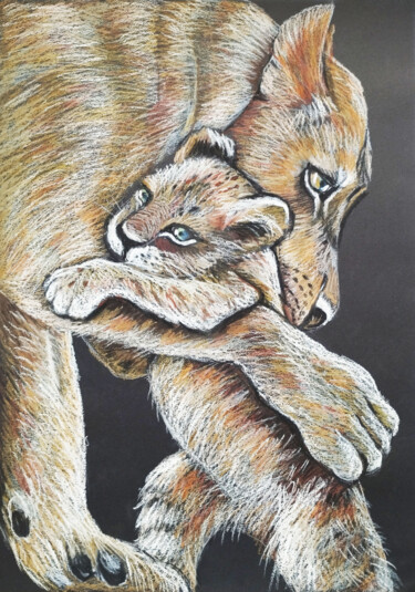 Dessin intitulée "Mom's love Lioness…" par Nadezhda Kokorina, Œuvre d'art originale, Pastel
