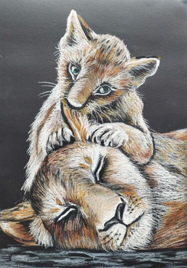 Рисунок под названием "Playful lion cub Li…" - Nadezhda Kokorina, Подлинное произведение искусства, Пастель