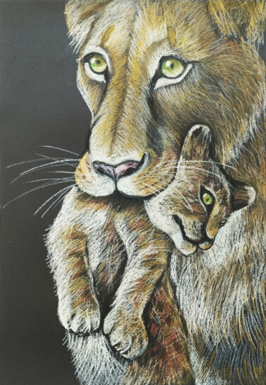 Dibujo titulada "Caring mother Lione…" por Nadezhda Kokorina, Obra de arte original, Pastel