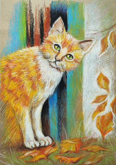 Zeichnungen mit dem Titel "Drawing Red Cat Aut…" von Nadezhda Kokorina, Original-Kunstwerk, Pastell