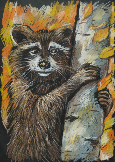 Dessin intitulée "Raccoon in the autu…" par Nadezhda Kokorina, Œuvre d'art originale, Pastel