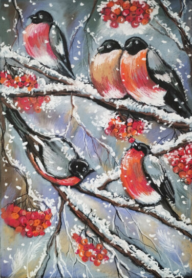Dibujo titulada "Winter Birds bullfi…" por Nadezhda Kokorina, Obra de arte original, Pastel