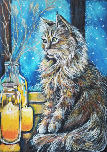Schilderij getiteld "Portrait cat painti…" door Nadezhda Kokorina, Origineel Kunstwerk, Pastel