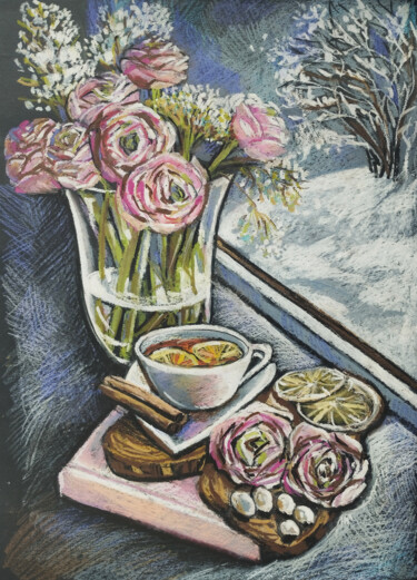 Drawing titled "Ranunculus drawing…" by Nadezhda Kokorina, Original Artwork, Pastel
