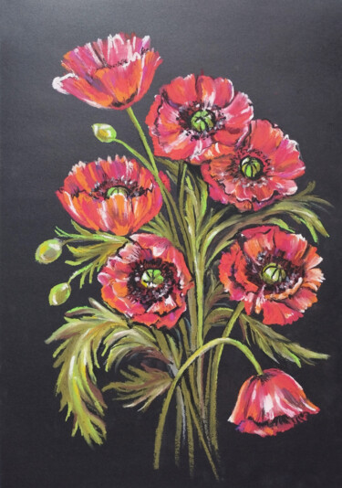 Dessin intitulée "Bouquet of red popp…" par Nadezhda Kokorina, Œuvre d'art originale, Pastel