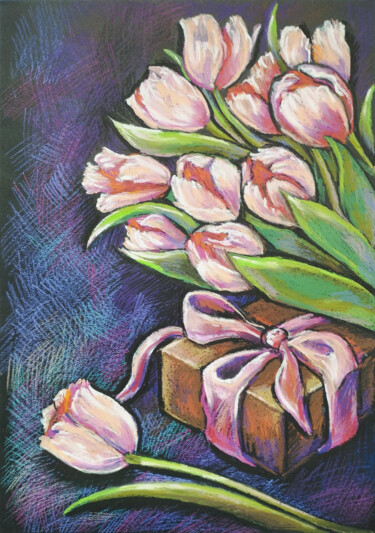 Drawing titled "Pink tulips drawing…" by Nadezhda Kokorina, Original Artwork, Pastel