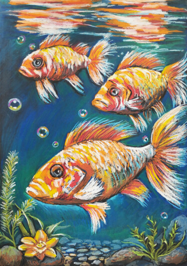 Dibujo titulada "Fish carp are fabul…" por Nadezhda Kokorina, Obra de arte original, Pastel