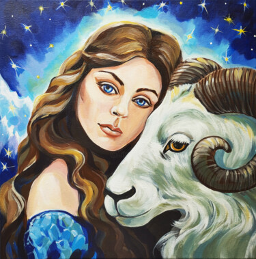 Картина под названием "Girl and Aries whit…" - Nadezhda Kokorina, Подлинное произведение искусства, Акрил