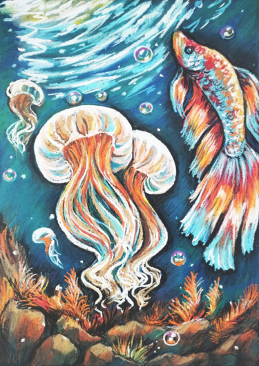 Dessin intitulée "Jellyfish Fish are…" par Nadezhda Kokorina, Œuvre d'art originale, Pastel