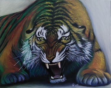 Картина под названием "Тигр охота" - Надежда Потехина, Подлинное произведение искусства, Масло
