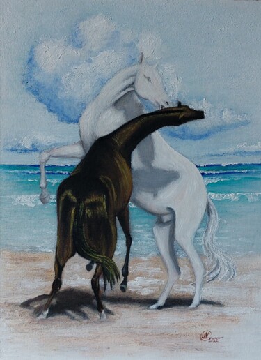 Картина под названием "Лошади у моря" - Надежда Потехина, Подлинное произведение искусства, Масло
