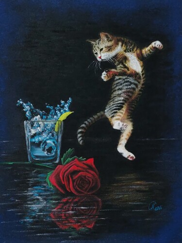Картина под названием "Кот на свидании" - Надежда Потехина, Подлинное произведение искусства, Масло