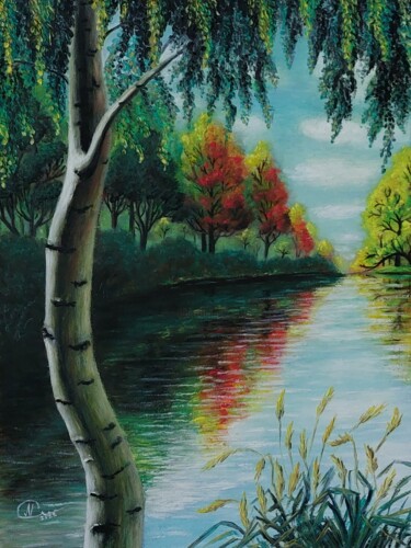 Картина под названием "Окно в осень" - Надежда Потехина, Подлинное произведение искусства, Масло
