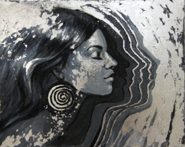 INFINITY-GIRL IN PROFILE IN GRAY TONES WITH SILVER LEAF, smo Painting titled "INFINITY-GIRL IN PR…" by Nadezhda Zueva, Original Art, Acrylic Mounted on Stretcher frame