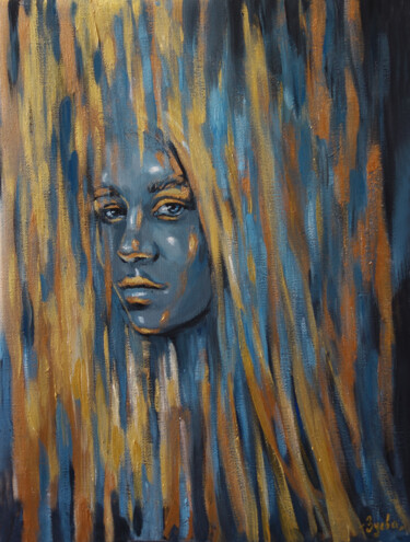 INSIGHT OUT-girl with gold, flame Malerei mit dem Titel "INSIGHT OUT-girl wi…" von Nadezhda Zueva, Original-Kunstwerk, Acryl Auf Gestell montiert