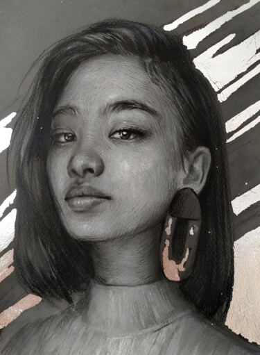 Картина под названием "ASIAN SILVER GIRL P…" - Nadezhda Zueva, Подлинное произведение искусства, Древесный уголь