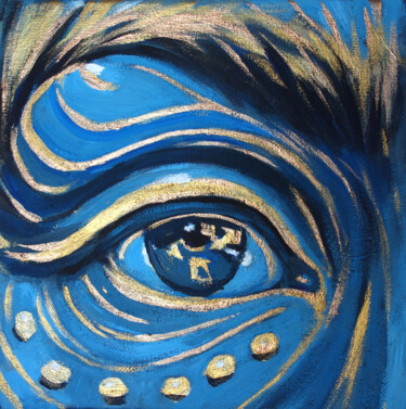 Картина под названием "Blue eye with gold…" - Nadezhda Zueva, Подлинное произведение искусства, Акрил Установлен на Деревянн…
