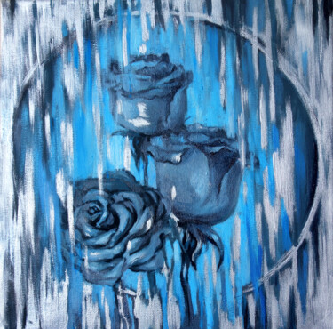 Картина под названием "Blue flowers, silve…" - Nadezhda Zueva, Подлинное произведение искусства, Акрил Установлен на Деревян…
