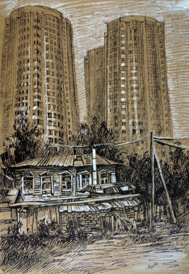 Рисунок под названием "Old and new city-sm…" - Nadezhda Zueva, Подлинное произведение искусства, Гелевая ручка
