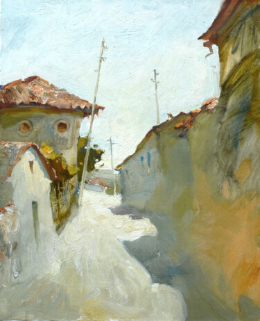 Painting titled "Noon in the old town" by Nadia Boldina, Original Artwork, Oil Mounted on Wood Stretcher frame