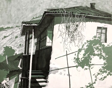 Drawing titled "House with vineyard" by Nadia Boldina, Original Artwork, Ink Mounted on Cardboard