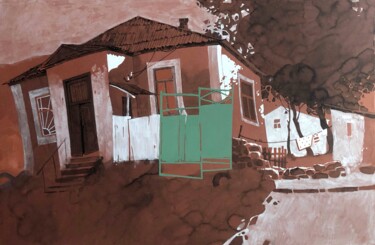 Drawing titled "House with green ga…" by Nadia Boldina, Original Artwork, Ink Mounted on Cardboard