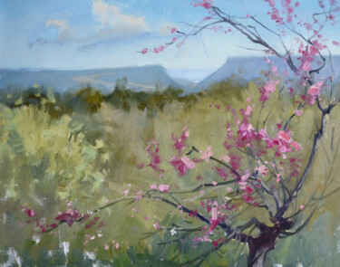 Painting titled "Blooming peach" by Nadia Boldina, Original Artwork, Oil Mounted on Wood Stretcher frame