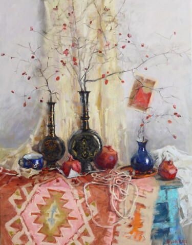 Painting titled "February still life" by Nadia Boldina, Original Artwork, Oil Mounted on Wood Stretcher frame