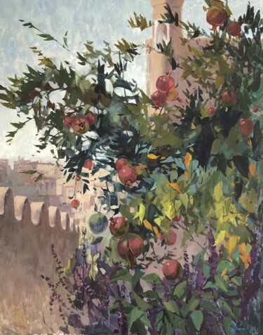 Peinture intitulée "Uzbek pomegranate" par Nadia Boldina, Œuvre d'art originale, Tempera Monté sur Châssis en bois