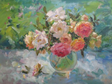 Peinture intitulée "Весна и розы" par Nadia Borisivna, Œuvre d'art originale, Huile Monté sur Châssis en bois