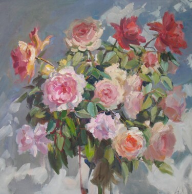 Peinture intitulée "Букет роз" par Nadia Borisivna, Œuvre d'art originale, Huile Monté sur Châssis en bois