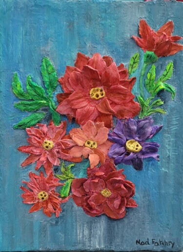Textile Art titled "Flowers" by Nadia Fakhry, Original Artwork, Acrylic Mounted on Wood Stretcher frame