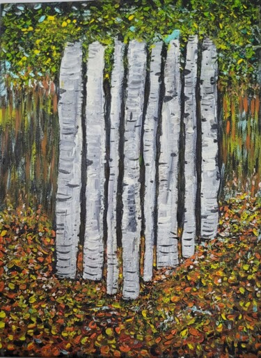 Painting titled "Birch trees" by Nadia Fakhry, Original Artwork, Acrylic Mounted on Wood Stretcher frame