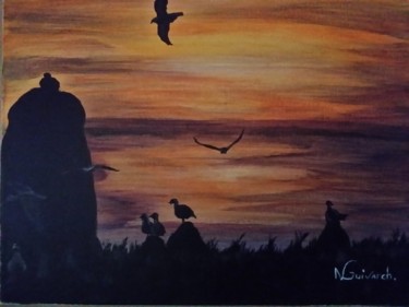 Peinture intitulée "coucher-soleil-mer.…" par Nadia Guivarch, Œuvre d'art originale, Gouache
