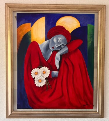 Painting titled "Jeune femme aux mar…" by Nadia Guyon De Chemilly, Original Artwork, Oil Mounted on Glass