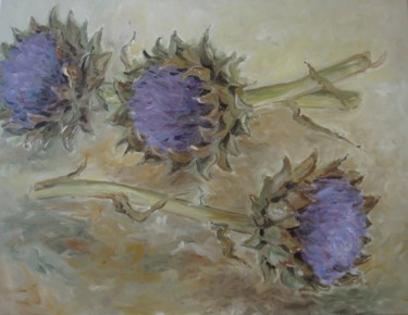 Painting titled "artichauts en fleur" by Nadia Jobin, Original Artwork, Oil