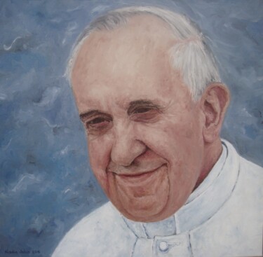 Pintura titulada "Pape François" por Nadia Jobin, Obra de arte original, Oleo Montado en Bastidor de camilla de madera