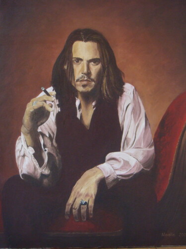 Painting titled "Johnny Depp" by Nadia Jobin, Original Artwork, Oil Mounted on Wood Stretcher frame