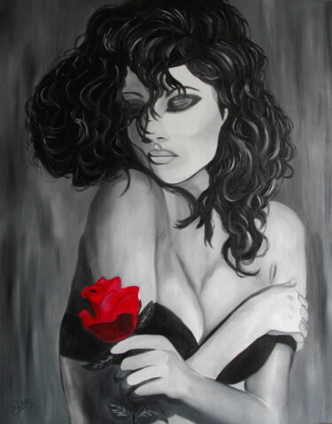 Peinture intitulée "Tristesse à la rose" par Nadia Loriot, Œuvre d'art originale, Huile