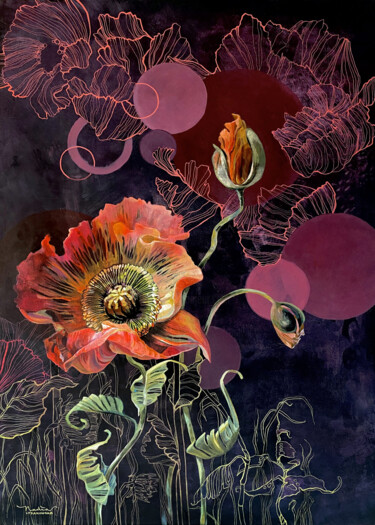 Peinture intitulée "Papaver Somniferum" par Nadia Lysakowska, Œuvre d'art originale, Acrylique