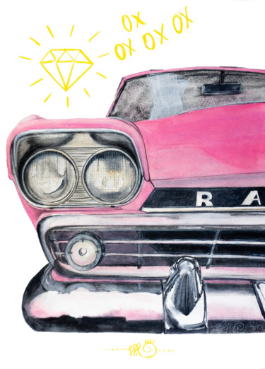 Painting titled "Pink Chevy" by Nadia Sh. Mikhailo, Original Artwork, Watercolor