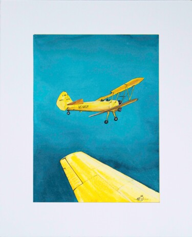 Malerei mit dem Titel "yellow Airplane" von Nadia Sh. Mikhailo, Original-Kunstwerk, Aquarell