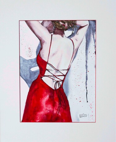 Pintura intitulada "Red dress" por Nadia Sh. Mikhailo, Obras de arte originais, Aquarela