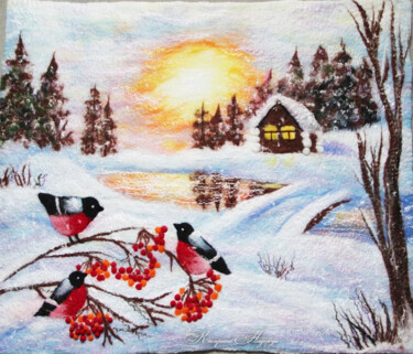 Landscape "Winter evening, Bullfinches have arrived" Panel Art textile intitulée "Landscape "Winter e…" par Nadezhda Kokorina, Œuvre d'art originale, Tapisserie